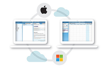Abbildung von zwei Computern die Apple und Windows darstellen, die beide mit der Cloud kompatibel sind