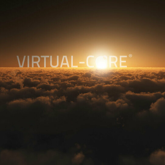 Wolkendecke mit aufgehender Sonne, davor die Aufschrift "Virtual Core"